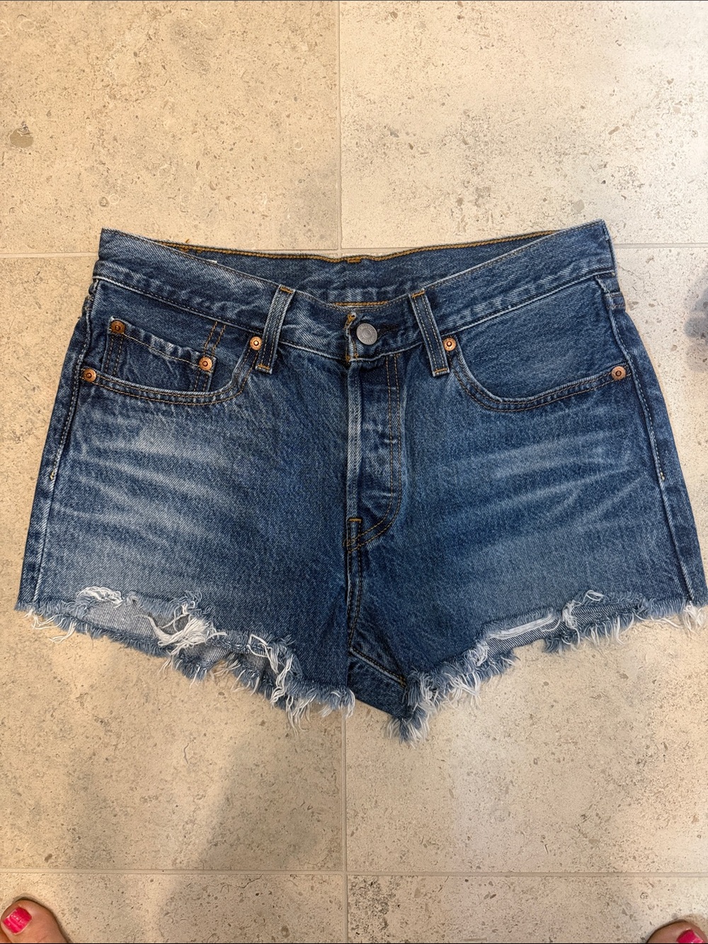 Levi's Dark Blue Frayed Hem Denim Shorts